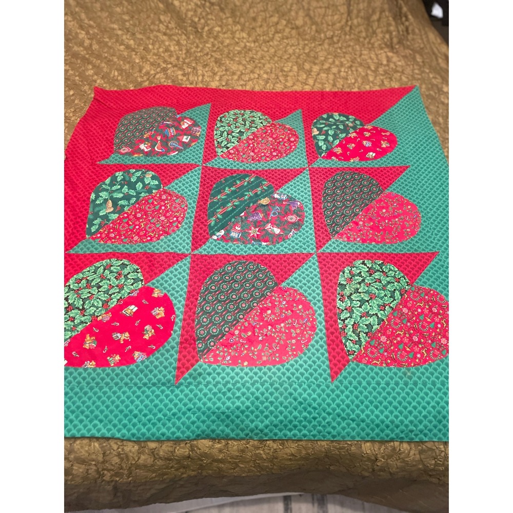 Handmade Christmas Heart Quilt Topper Red Green Holiday Patchwork 43x43